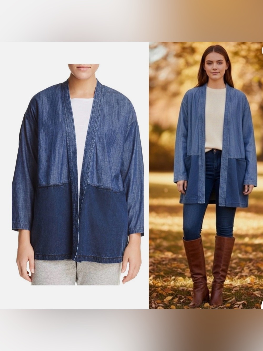 Eileen Fisher Organic Cotton Blend Denim Kimono Open Jacket Size Large Petite